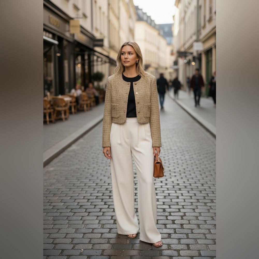 Pleated Elastic Waist Cream Wide-Leg Pants